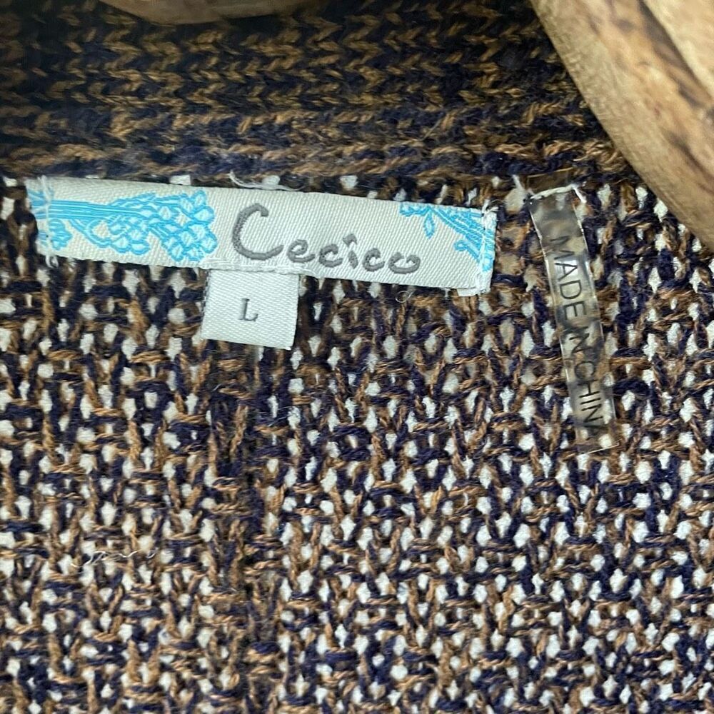 Cecico Womens Brown Navy Blue Drape Open Front Cardigan Sweater Pockets L - Picture 7 of 9